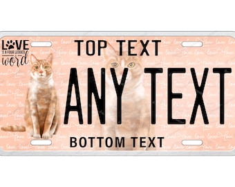 Può includere: Targa con immagine di gatto rosso e testo "TOP TEXT" e "BOTTOM TEXT". È presente anche la frase "LOVE is a four legged word". Lo sfondo presenta un motivo ripetuto della parola "love".