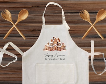 Personalized Gingerbread House Christmas Linen Kitchen Apron, Vintage Holiday Customized cooking high quality apron for adult and kids Gift