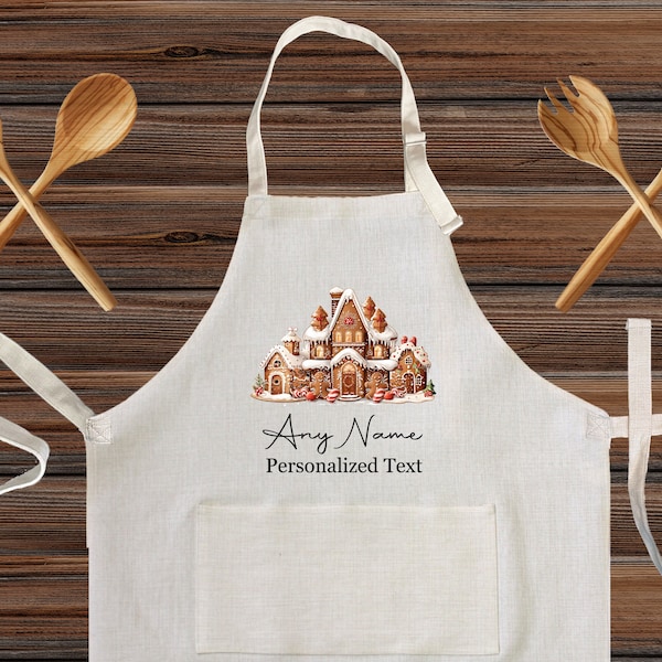 Personalized Gingerbread House Christmas Linen Kitchen Apron, Vintage Holiday Customized cooking high quality apron for adult and kids Gift