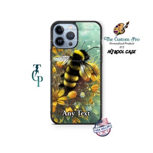 May include: A black iPhone case with a green background and a yellow and black bee with flowers. The text "Any Text" is printed on the case.
