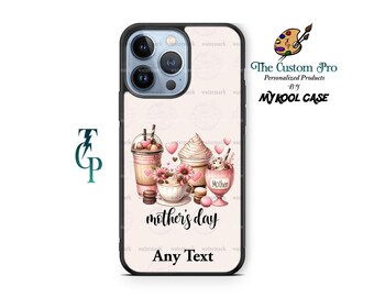 Può includere: Una custodia per iPhone rosa e bianca con un design di bevande al caffè e il testo "mother's day".