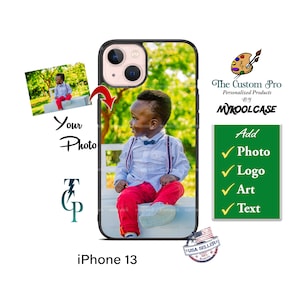 May include: A black iPhone 13 case with a photo of a young boy sitting on a bench in a park. The case is customizable with the option to add a photo, logo, art, or text. The text "The Custom Pro Personalized Products by MYKOOLCASE" is visible on the case.