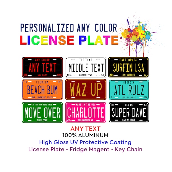 Custom Any Color Any Text Design Novelty Personalized License Plate Tag for Bicycle ATV Bike Big Wheels Man Cave Wall Sign Magnet Key Chain