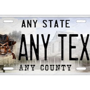 Western Skull Cowboy Ghost town landscape Design Any Text Novelty Personalized License Plate Tag for Bicycle ATV Bike Man Cave Wall Signage
