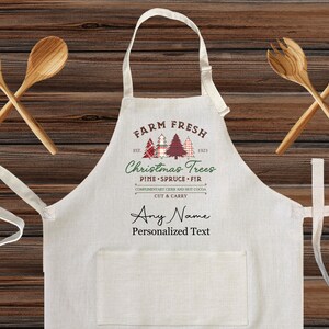 Personalized Farm Fresh Christmas Trees Linen Kitchen Apron, customized cooking apron for kids and Adults, Custom Christmas design gift