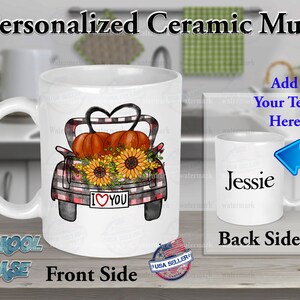 Halloween Fall Ceramic Mug with handle - Fall Truck Pumpkins Sunflower Design - Personalized with your Name or Text - Ceramic Mug - Gift
