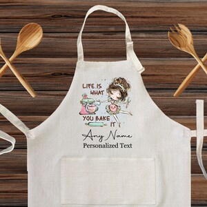 Personalized Happy Linen Kitchen Apron, Life is what you back it cute girl Customized cooking apron for adult and kids, Home Warming gift