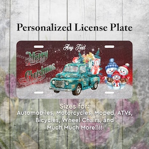Personalized License Plate Tag - Merry Christmas Classic Pick Up truck Snowman Family for Auto Car Truck Bicycle ATV Bike Motorcycle Moped