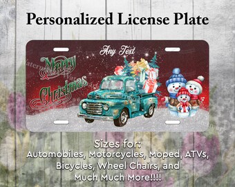 Personalized License Plate Tag - Merry Christmas Classic Pick Up truck Snowman Family for Auto Car Truck Bicycle ATV Bike Motorcycle Moped