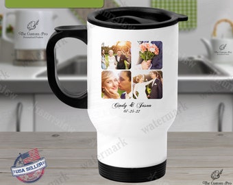 Personalized Travel Mug with Photo Collage, Personalized Tumbler with handle, Wedding Cup, Custom Photo Mug, Customized text, custom gift