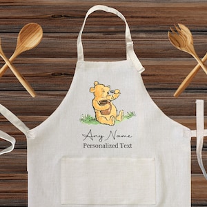 Personalized Winnie the Pool Classic Linen Kitchen Apron, Vintage Holiday Customized cooking high quality apron for adult and kids, Gift