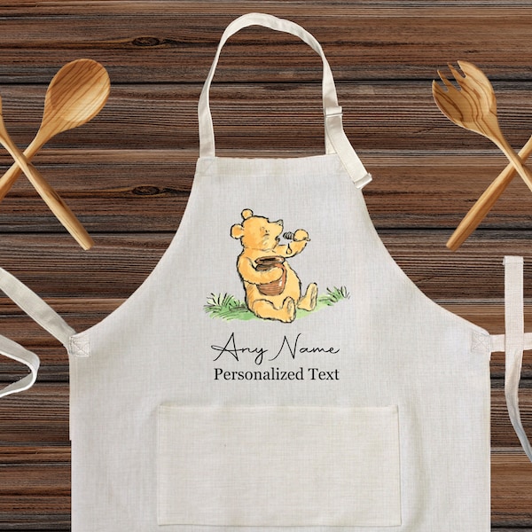 Personalized Winnie the Pool Classic Linen Kitchen Apron, Vintage Holiday Customized cooking high quality apron for adult and kids, Gift