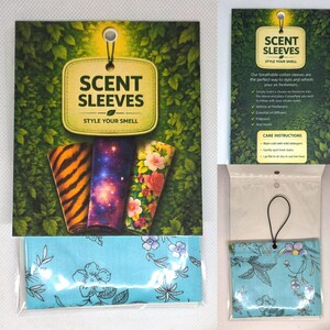 May include: Scent Sleeves air freshener fabric covers featuring a tiger stripe, galaxy, and floral pattern on the packaging. A light blue fabric sleeve with a dark blue floral line art print is shown in a clear plastic bag with a black hanging cord.