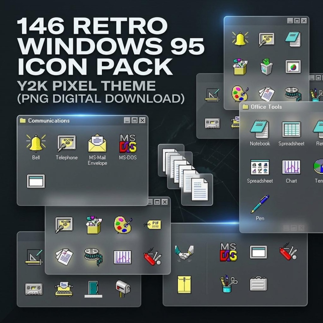 Retro Windows 95 Icon Pack: Y2K Pixel Theme (PNG Digital Download