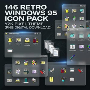 以下が含まれることがあります： Y2KピクセルテーマのレトロなWindows 95アイコンのコレクションを示すデジタルグラフィック。画像には、コミュニケーション、オフィスツール、その他のアプリケーションのさまざまなアイコンが含まれており、「146 RETRO WINDOWS 95 ICON PACK」というテキストが表示されています。