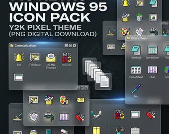 Op de afbeelding: Een digitale afbeelding met een verzameling retro Windows 95-pictogrammen in een Y2K-pixeltema. De afbeelding bevat verschillende pictogrammen voor communicatie, kantoortools en andere applicaties, met de tekst "146 RETRO WINDOWS 95 ICON PACK".