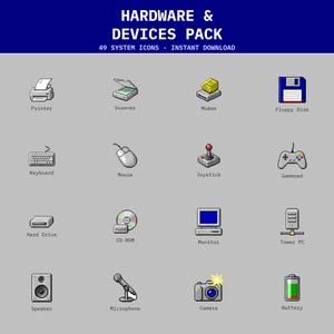 May include: A digital collection titled HARDWARE & DEVICES PACK containing 49 system icons. The pixel art set features various computer peripherals and electronics including a printer, scanner, modem, floppy disk, keyboard, mouse, joystick, gamepad, hard drive, CD-ROM, monitor, tower PC, speaker, microphone, camera, and battery.