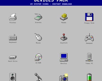 Op de afbeelding: Een digitale collectie getiteld HARDWARE & DEVICES PACK met 49 systeemiconen. De pixel art set bevat diverse computerrandapparatuur en elektronica, waaronder een printer, scanner, modem, diskette, toetsenbord, muis, joystick, gamepad, harde schijf, cd-rom, monitor, tower-pc, luidspreker, microfoon, camera en batterij.