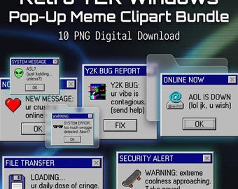 Op de afbeelding: Een digitale collectie van Retro Y2K Windows Pop-Up Meme Clipart met 10 PNG-bestanden. De afbeelding toont verschillende computerstijl dialoogvensters met gepixelde iconen, waaronder een alien, een rood hart, een zonnebril, een diskette en een skateboard.