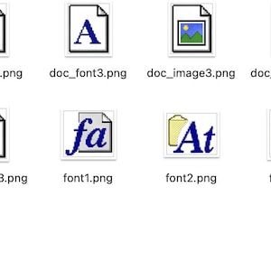 Op de afbeelding: Een verzameling van acht digitale bestandspictogrammen gerangschikt in twee rijen. De bovenste rij bevat documentpictogrammen voor film, lettertype, afbeelding en muziek. De onderste rij toont een videopictogram, twee lettertypepictogrammen en een map.