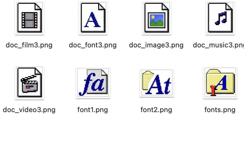 Op de afbeelding: Een verzameling van acht digitale bestandspictogrammen gerangschikt in twee rijen. De bovenste rij bevat documentpictogrammen voor film, lettertype, afbeelding en muziek. De onderste rij toont een videopictogram, twee lettertypepictogrammen en een map.