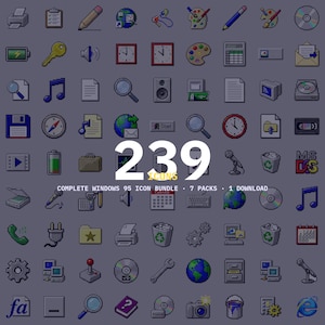 以下が含まれることがあります： Windows 95のアイコンバンドルを網羅した、239個のピクセルアートアイコンのデジタルコレクション。コンピュータ、プリンター、フォルダ、時計、ツール、メディアプレーヤー、ウェブブラウザなど、クラシックなスタイルの様々なシンボルが含まれています。