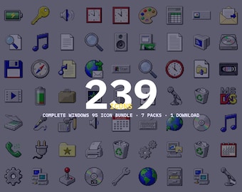 Op de afbeelding: Een digitale collectie van 239 pixel art iconen met de complete Windows 95 iconenbundel. De set bevat diverse symbolen zoals computers, printers, mappen, klokken, gereedschap, mediaspelers en internetbrowsers in een klassieke stijl.