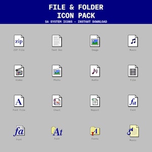 Op de afbeelding: Een digitaal bestand- en mapicoonpakket met 16 systeemiconen op een grijze achtergrond. De tekst bovenaan luidt FILE & FOLDER ICON PACK 16 SYSTEM ICONS INSTANT DOWNLOAD. De iconen bevatten verschillende bestandstypen zoals ZIP, tekst, afbeelding, muziek, video, foto, audio, film, lettertype, grafiek en rapport.