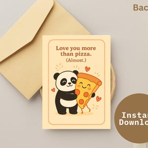 Je t'aime plus qu'une pizza panda drôle | Carte de voeux de câlin mignon | Téléchargement instantané | Cadeau imprimable pour la Saint-Valentin, un anniversaire ou une meilleure amie
