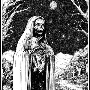 May include: A black and white illustration of a skeletal figure in a hooded robe holding a lamb in its arms. The figure stands in a field with trees and a starry night sky in the background.