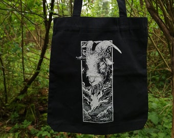 Goat - screen printed black Tote bag recycled Cotton and polyester baphomet runes