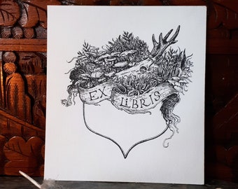 Original illustration &quot;Deer Ex Libris&quot;- nib and ink drawing on watercolor paper
