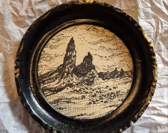 Original ink illustration - Old Man of Storr - OOAK Metal frame on porcelain base