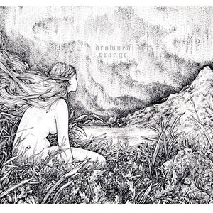 May include: A black and white pen and ink drawing of a woman with long flowing hair sitting by a body of water, looking out at a mountain range in the distance. The text "drowned orange" is written in the upper left corner of the image.