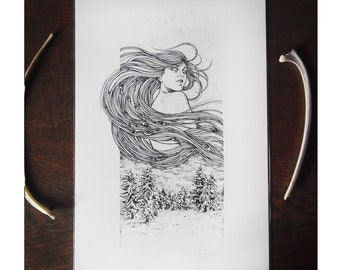 Skadi Art Print: Norse Goddess of Winter, Nib & Ink Illustration
