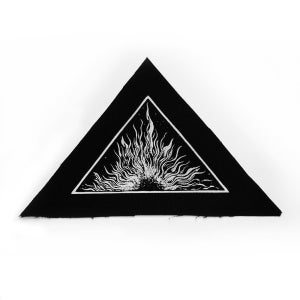 May include: Black triangle patch with a white stylized sunburst design inside.