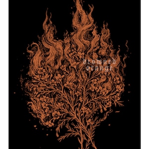 May include: A stylized illustration of a bouquet of flowers engulfed in flames, rendered in shades of orange against a black background. The text "drowned orange" is visible at the bottom of the image.