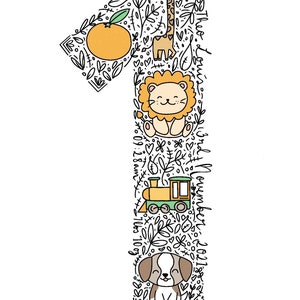 May include: A black and white illustration of the number one with a variety of hand-drawn elements, including a giraffe, a lion, a train, a dog, an orange, and the text "November 01, 2021".