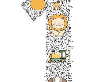 May include: A black and white illustration of the number one with a variety of hand-drawn elements, including a giraffe, a lion, a train, a dog, an orange, and the text "November 01, 2021".