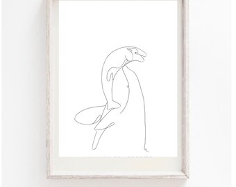 May include: A black and white line drawing of two dolphins leaping out of the water. The dolphins are drawn in a single continuous line, creating a simple and elegant design.