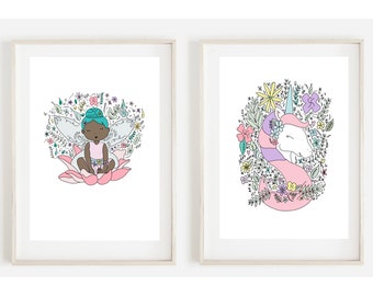 May include: Two framed prints with white backgrounds. The left print features a fairy with blue hair and wings sitting on a pink lotus flower surrounded by colourful flowers. The right print features a unicorn with a pink and purple mane and horn surrounded by colourful flowers.