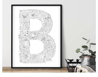 May include: A black and white printable art print featuring a large letter "B" made up of intricate floral designs, butterflies, and other nature-inspired elements. The text "The 13th 5:42" and "26th May 2021" is included in the design.