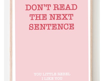 May include: A pink framed print with the text "DON'T READ THE NEXT SENTENCE" in red. Below the text is "YOU LITTLE REBEL I LIKE YOU" in white.