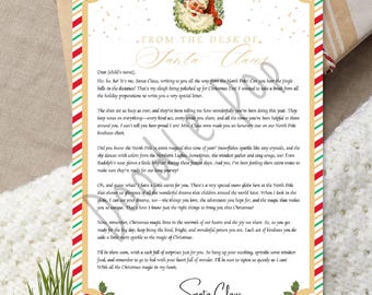 May include: A vintage-style letter from Santa Claus to a child. The letter is written on cream-coloured paper with a red and green border. The letter is decorated with gold stars and snowflakes. The letter includes a drawing of Santa Claus in the top right corner. The letter is addressed to a child and includes a message from Santa Claus about the magic of Christmas.