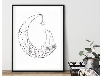 May include: Black and white line art illustration of a bear sitting on a crescent moon made of flowers and leaves. A star hangs from the top of the moon.