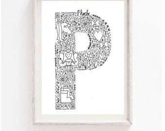 Initial Doodle/Initial Art Work/ A5 Art/ Black and White/Personalised Initial Drawing/ Unframed Personalised Print