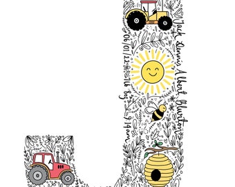 May include: A black and white illustration of the letter J, decorated with bees, tractors, a rainbow, a sun, a beehive, and flowers. The text "Jack Dennis Albert Bluston 06/01/2012 8:03:14 am" is written vertically along the right side of the letter.