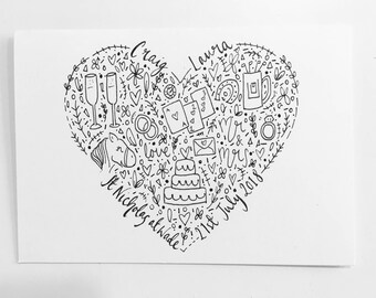 May include: A black and white hand-drawn illustration of a heart filled with wedding-themed doodles. The names "Craig" and "Laura" are written at the top of the heart. The text "St Nicholas at Wade 21st July 2018" is written at the bottom of the heart.