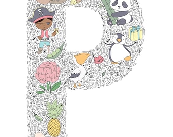 May include: A colourful illustration of the letter 'P' featuring cartoon animals and objects. Includes a platypus, parrot, panda, penguin, pirate, peony, pelican, pineapple, and poodle. The letter is surrounded by a decorative floral pattern.