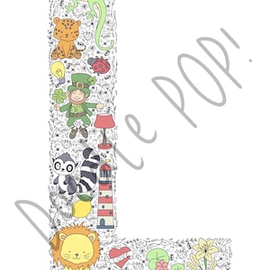 Puede incluir: Una ilustración caprichosa de la letra L, llena de garabatos coloridos de animales, plantas y objetos. La letra está delineada en negro y llena de una variedad de colores, incluyendo verde, rojo, amarillo y azul. Los garabatos incluyen un lémur, un león, una mariquita, un faro, un limón, una lámpara, un trébol de cuatro hojas, un duende, un lagarto y un corazón con la palabra "love" escrita en él.